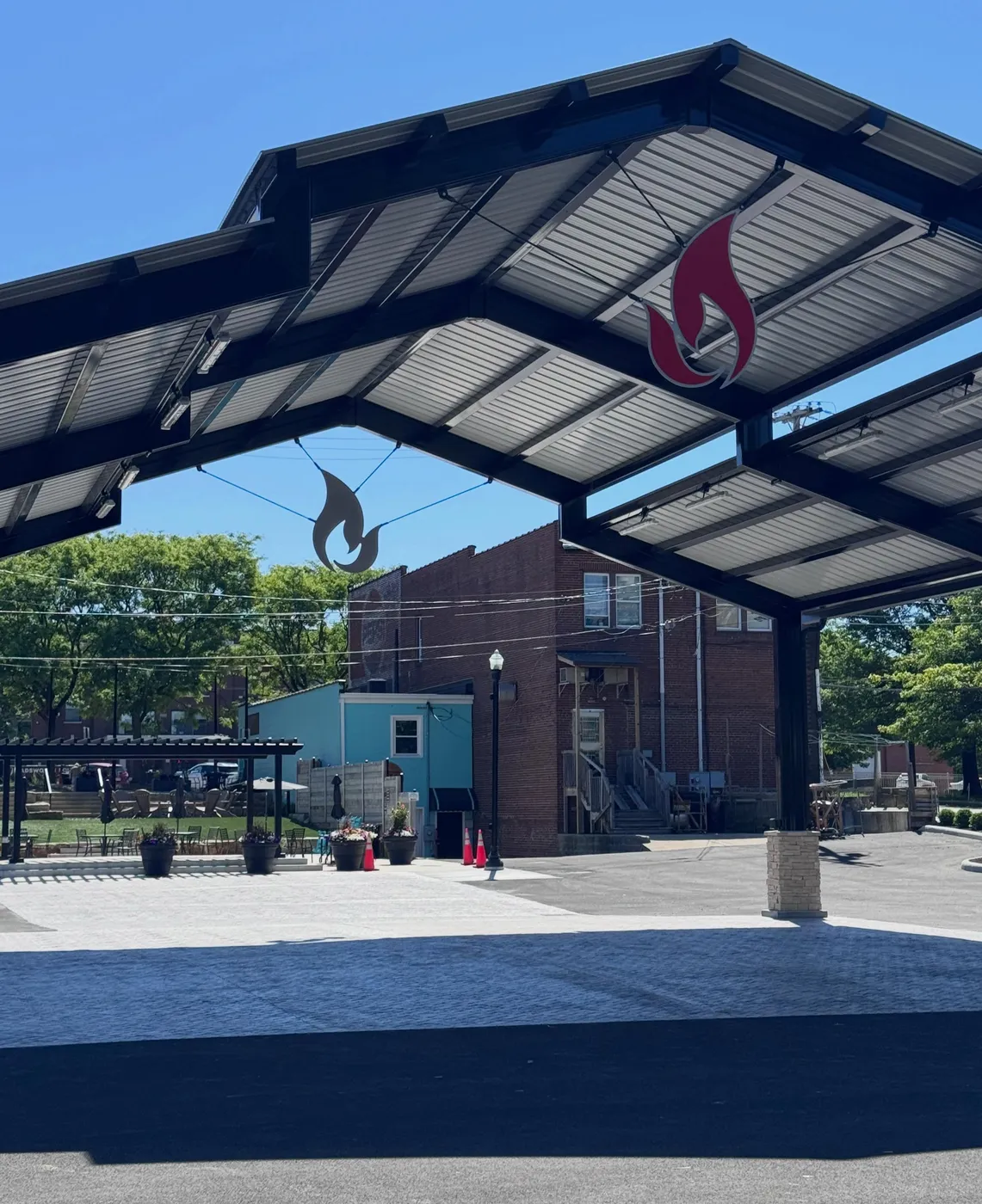The downtown Wadsworth pavilion with its flame sculptures