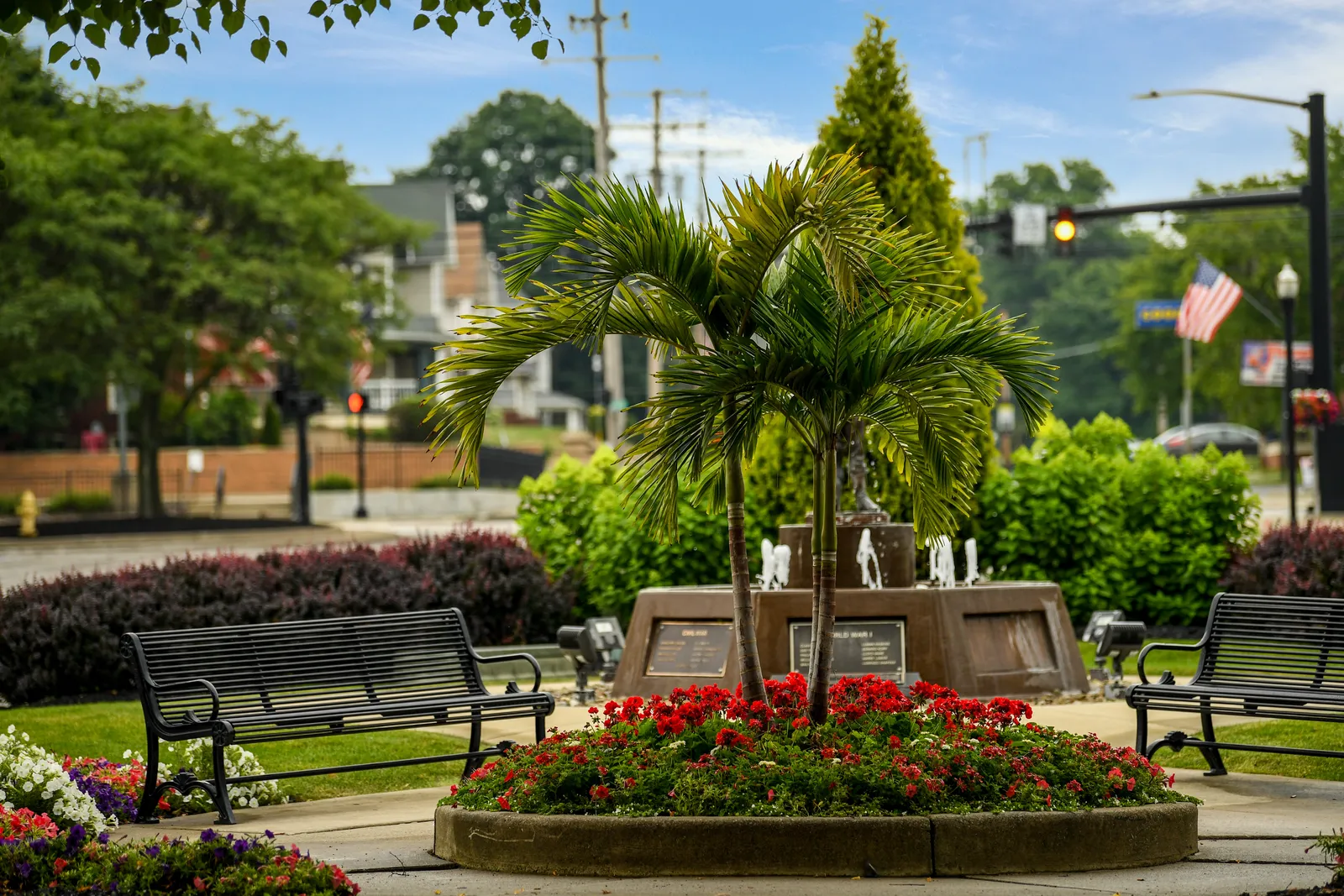 The veterans memorial fountain and benches in downtown Wadsworth